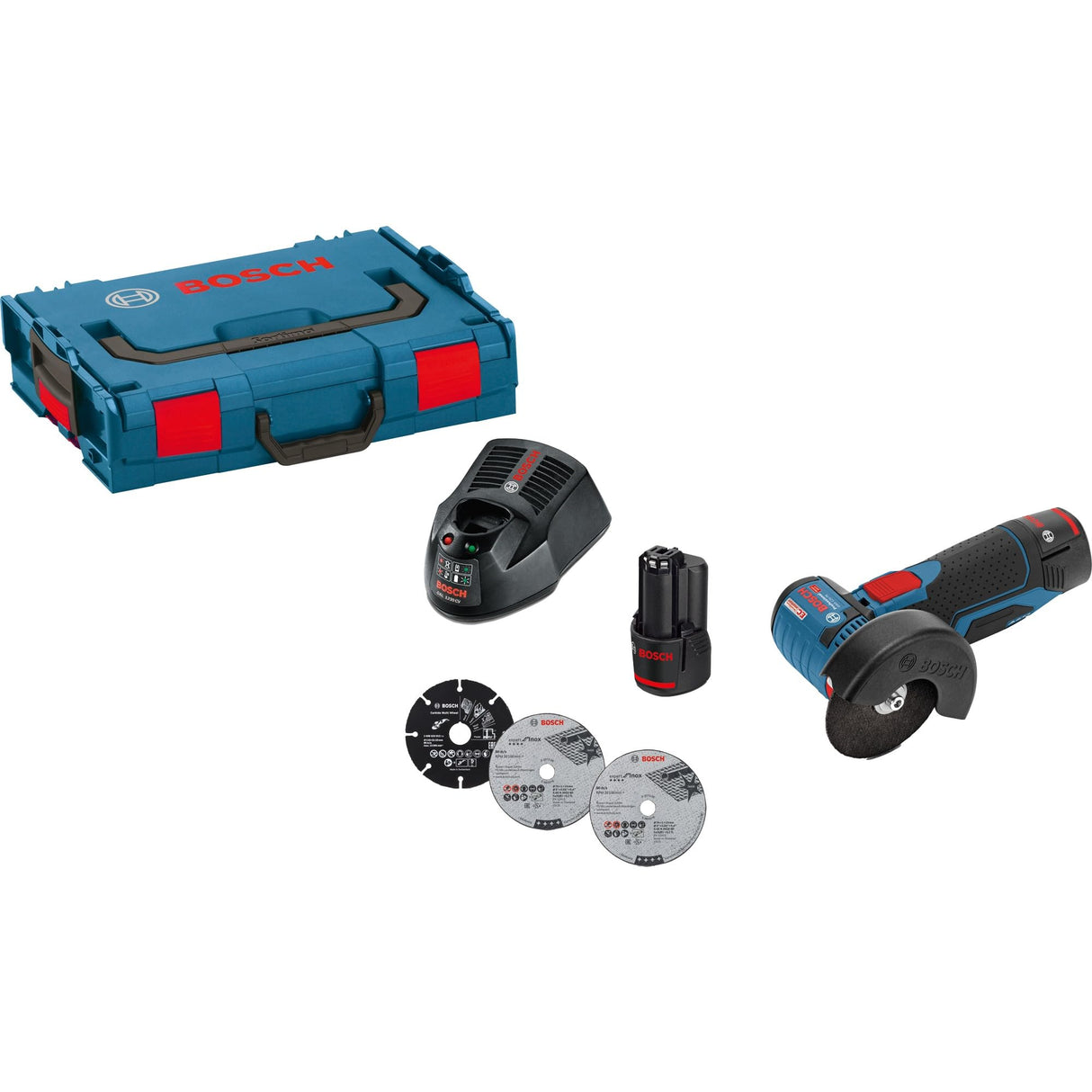 Bosch Professional 12V System GWS 12V-76 - Amoladora angular a batería (Ø 76 mm, 19500 rpm, 3 discos, 2 baterías x 3,0 Ah, en L-BOXX)