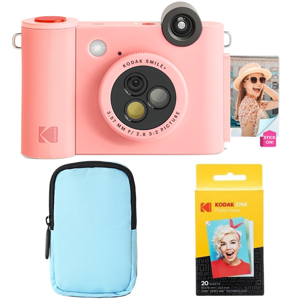 KODAK Smile+ - Paquete de iniciación de cámara instantánea Digital e Impresora fotográfica 2 en 1, Funda de Lujo + Papel Zink 20 Unidades, 10 MP, Lente giratoria, Color Rosa
