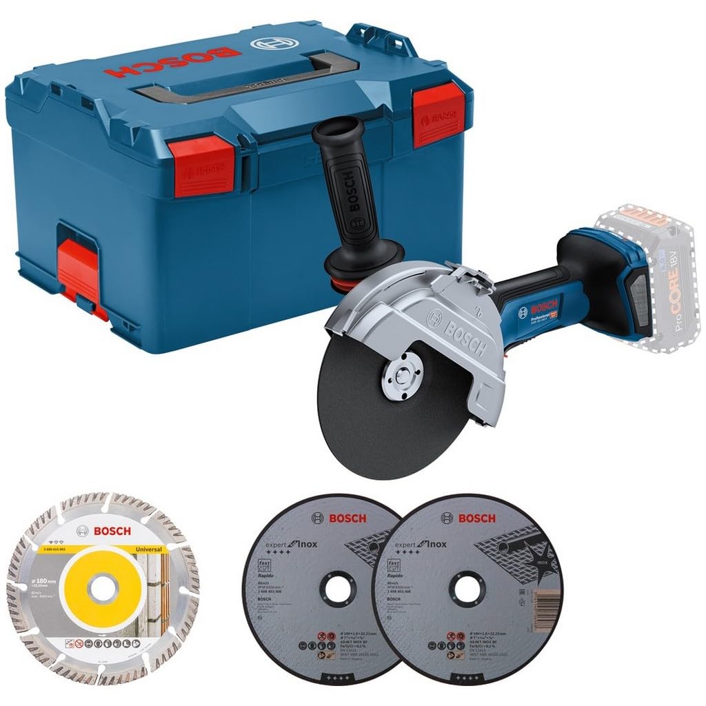 Bosch Professional BITURBO amoladora a batería GWS 18V-180 P (Ø disco 180 mm, profundidad de corte 230 mm, interruptor PROtection, incl. 2 discos de corte, 1 disco de diamante, en L-BOXX)