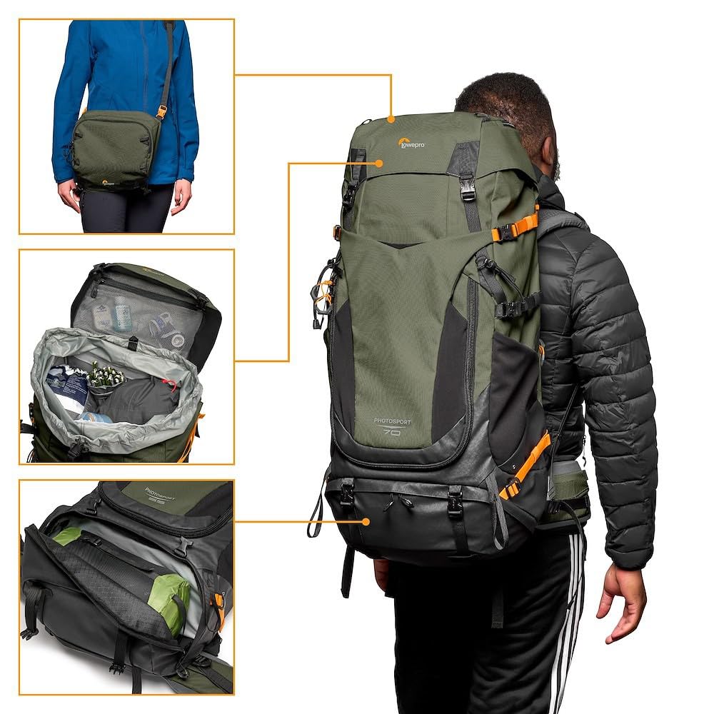 Lowepro PhotoSport PRO BP 70L AW IV - Mochila para cámaras réflex sin espejo, acceso delantero/trasero, compartimento extraíble para cámara, correas para accesorios, talla S/M, gris oscuro/verde