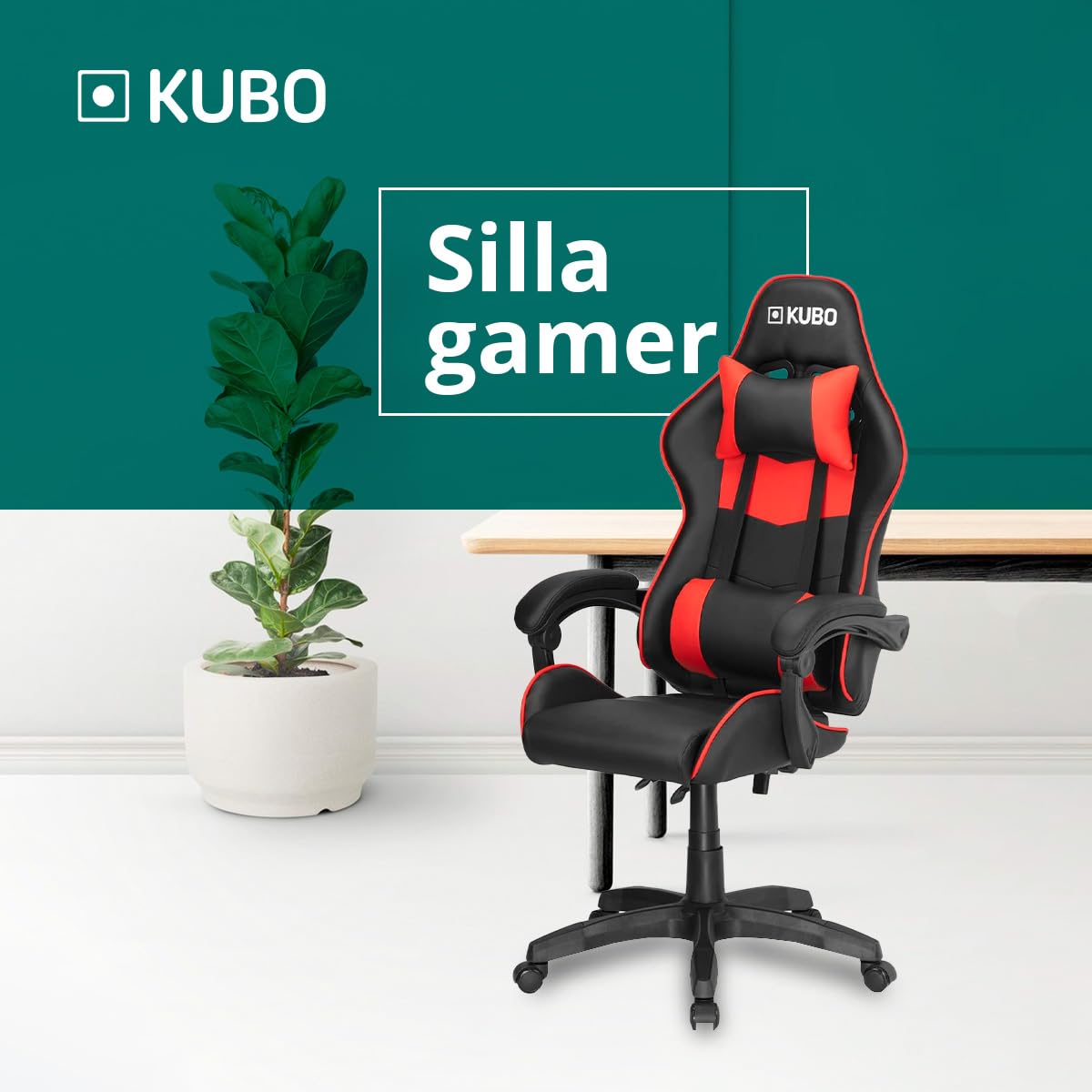 KUBO - Silla Gamer - Ergonómica - Reposacabezas - Elevación Gas Nivel 4 - Máximo Confort - Color: Rojo -Peso Máximo de hasta 130 kg