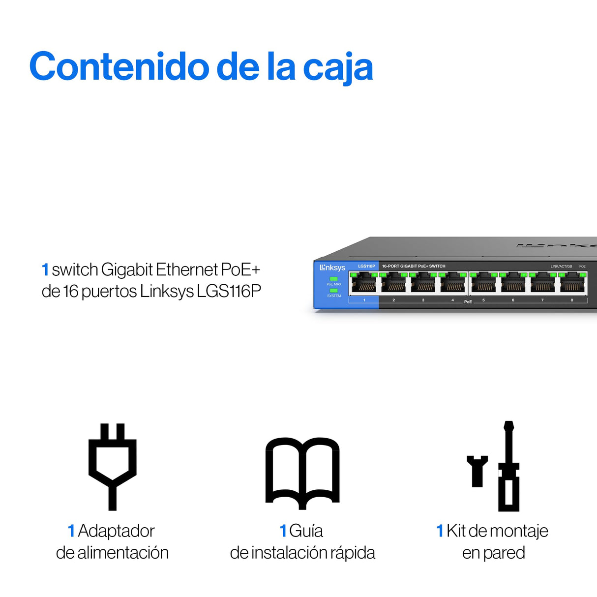 Linksys LGS116P-EU switch de red Gigabit no administrado de 16 puertos con 8 puertos PoE+, hasta 1000 Mbps, para empresas y particulares, vigilancia IP, divisor Ethernet de sobremesa