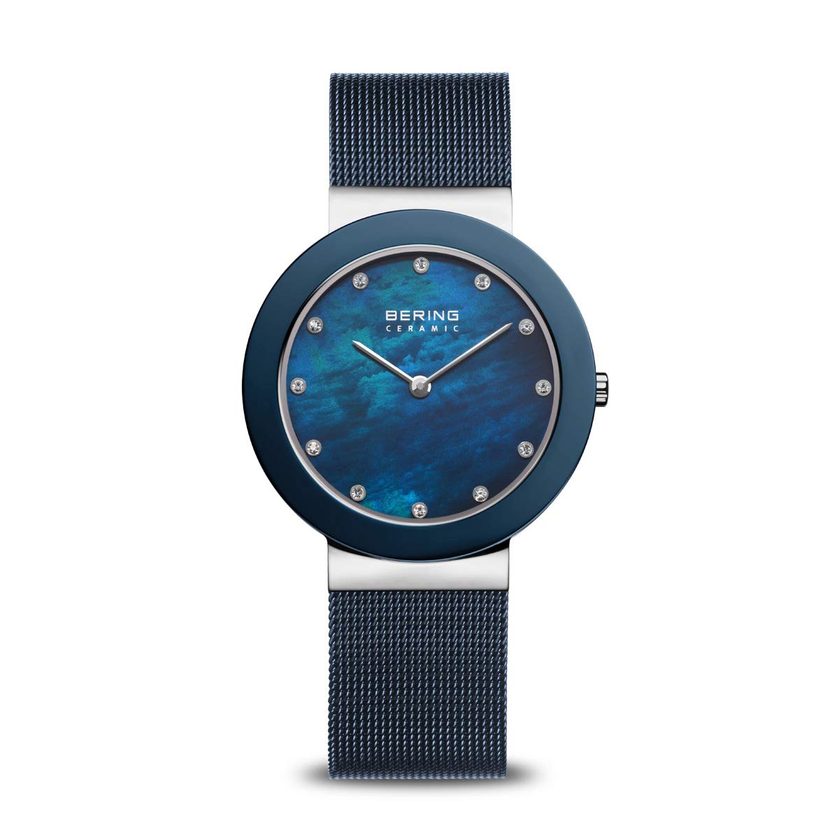 BERING 11435-387 Reloj de cuarzo para mujer con caja de acero inoxidable plateado de 35 mm y esfera azul, correa milanesa, cristal de zafiro y resistencia al agua de 5 ATM
