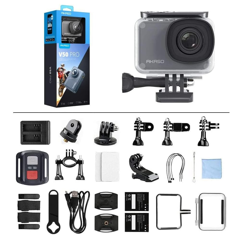 AKASO V50 Pro Camera Sport 4K 30fps 20MP WiFi - Cámara 4K Impermeable Ultra HD Estabilizador EIS con Control Remoto Pantalla táctil Gran Angular Ajustable - Cámara Deportiva submarina 40M y Kit de