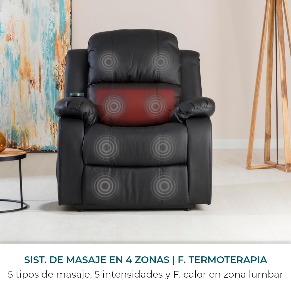 Don Descanso - Sillón Masaje Relax Calor Trevi Negro Reclinable 160º con 8 Motores Silenciosos, Calor Lumbar, Sist. Masaje 4 Zonas y Acabado en PU Anti-Cuarteo [Incluye Mando]. Ideal Gente Mayor