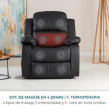 Don Descanso - Sillón Masaje Relax Calor Trevi Negro Reclinable 160º con 8 Motores Silenciosos, Calor Lumbar, Sist. Masaje 4 Zonas y Acabado en PU Anti-Cuarteo [Incluye Mando]. Ideal Gente Mayor