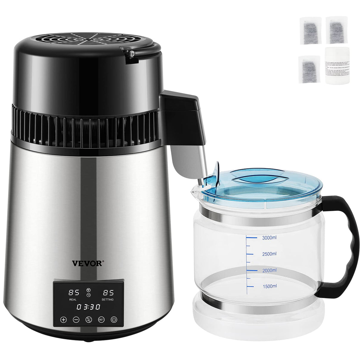 VEVOR Destilador de Agua 4L Filtro de Destilación de Agua con Recipiente de Vidrio 750 W 1 L/H Ajuste de Velocidad, Destilación Filtro Purificador de Acero Inoxidable Temperatura Doble 7,9lbs, Plata