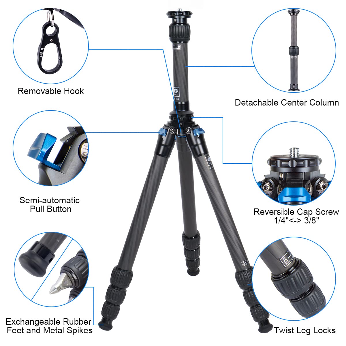 SIRUI 152cm Trípode de Viaje AM-284, Compacto Trípode para Cámara con Tubo de Extensión SL-200, Carbono Trípode Fotográfico con Patas de 4 Secciones para Videocámara, DSLR, Carga Máxima 15kg