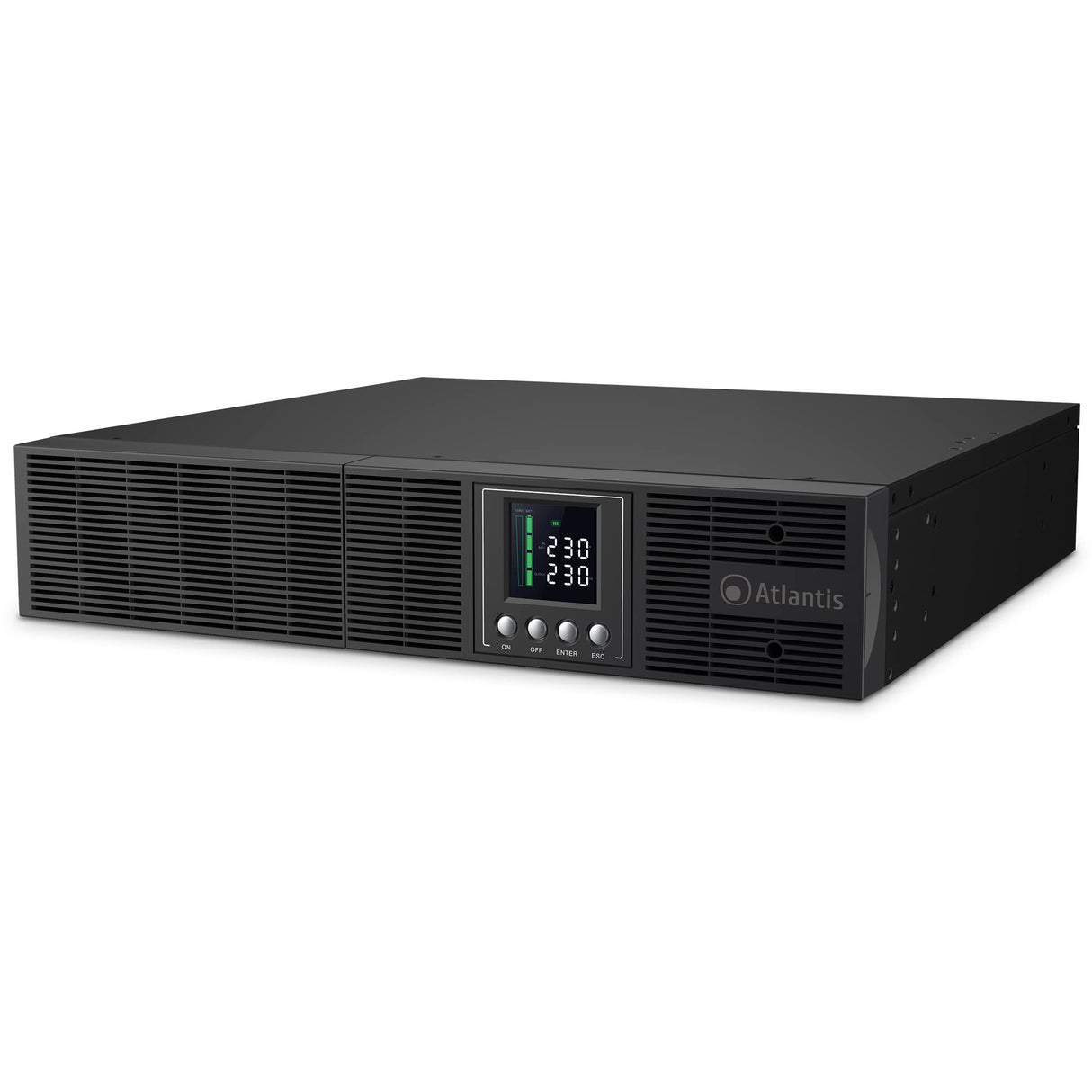 Atlantis A03-OP2002-RC UPS Online - Sistema de alimentación ininterrumpida con Doble conversión Onda sinusoidal Pura 2000 VA 1350 W, Servidor Convertible, Pantalla LCD, USB, Serie RS-232, 8 Salidas