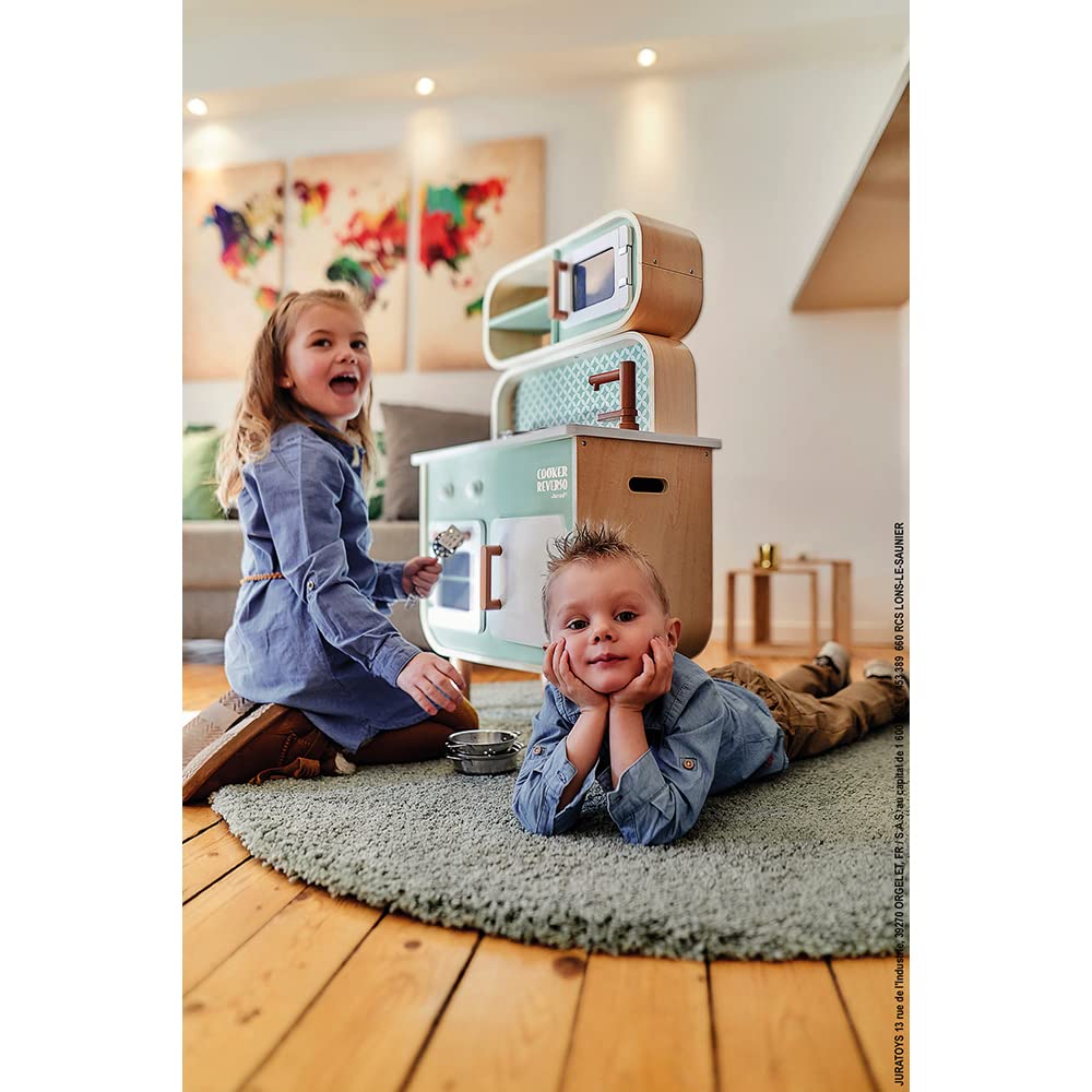 Janod - Cocina de doble cara- Cocina de madera para niños Recto-Verso - Cocina con luz y sonido - Con 7 accesorios - De 3 a 8 años, J06594
