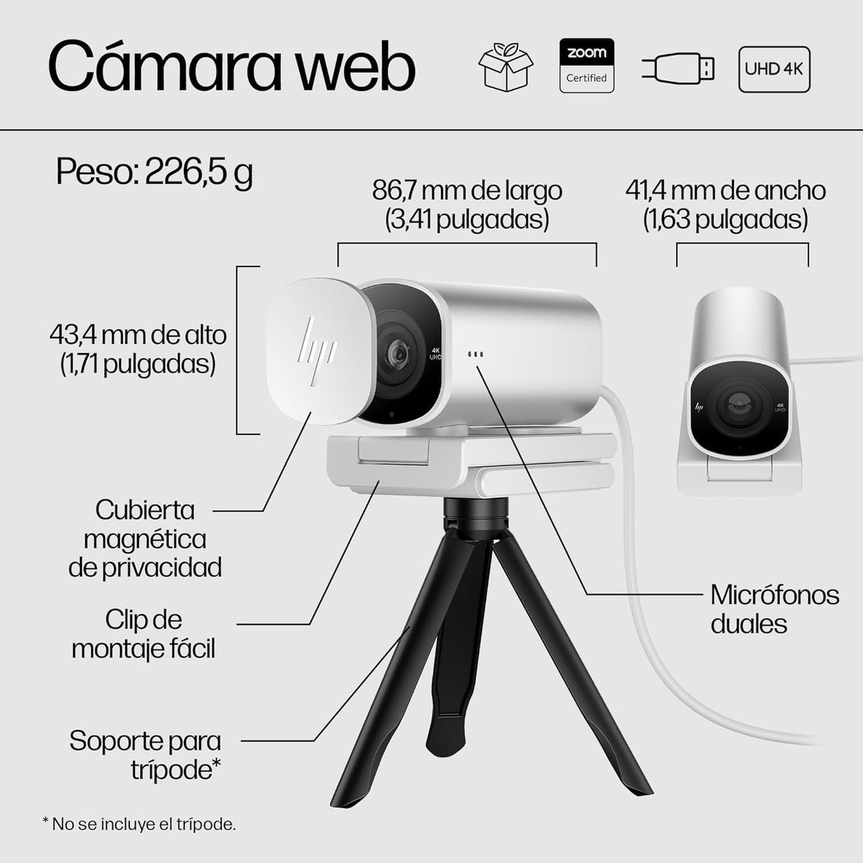 HP Webcam 960 4K - UHD, 3840 x 2160, Videoconferencias, Autoenfoque, Micrófono Integrado, Windows Hello, Teams, Zoom, Google Meet, Twitch, Youtube, Streaming - Color Plata