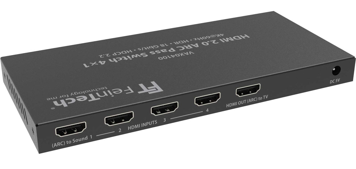 FeinTech Conmutador HDMI 2.0 ARC Pass 4x1 VAX04100, para 3 fuentes HDMI, barra de sonido y proyector de TV 4K @60Hz | HDR | 18 Gbit/s | HDCP 2.2 Dolby Atmos