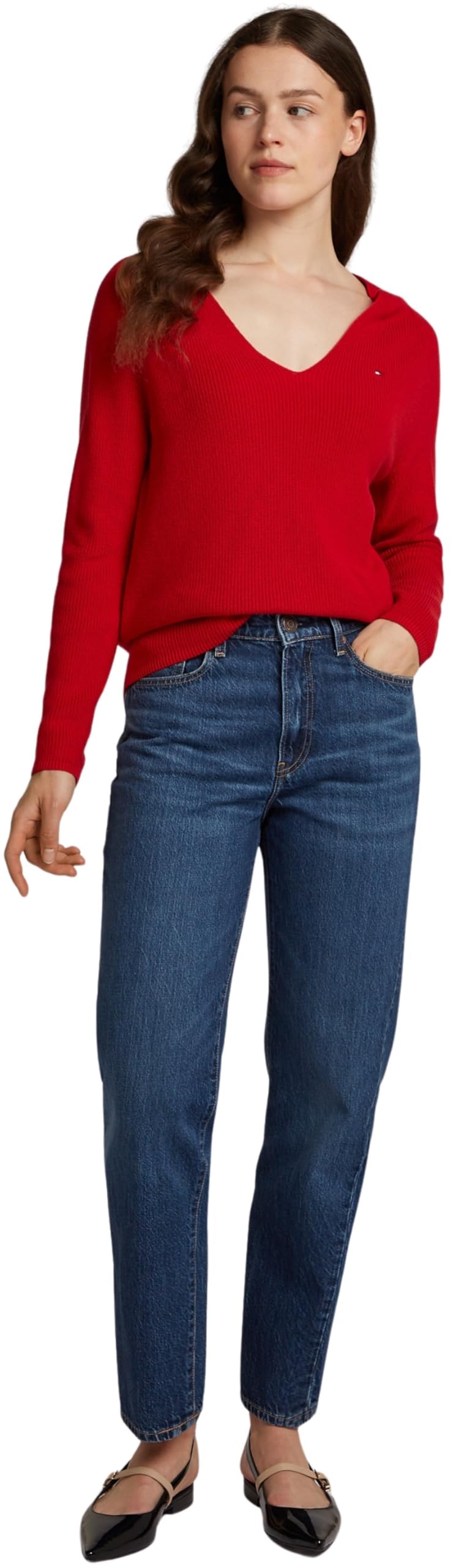 Tommy Hilfiger Jersey Mujer Cardi Fine Cuello de Pico, Rojo (Primary Red), S