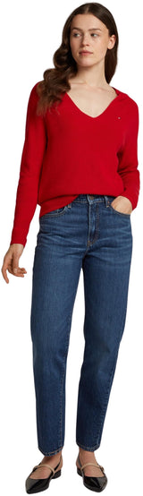 Tommy Hilfiger Jersey Mujer Cardi Fine Cuello de Pico, Rojo (Primary Red), S