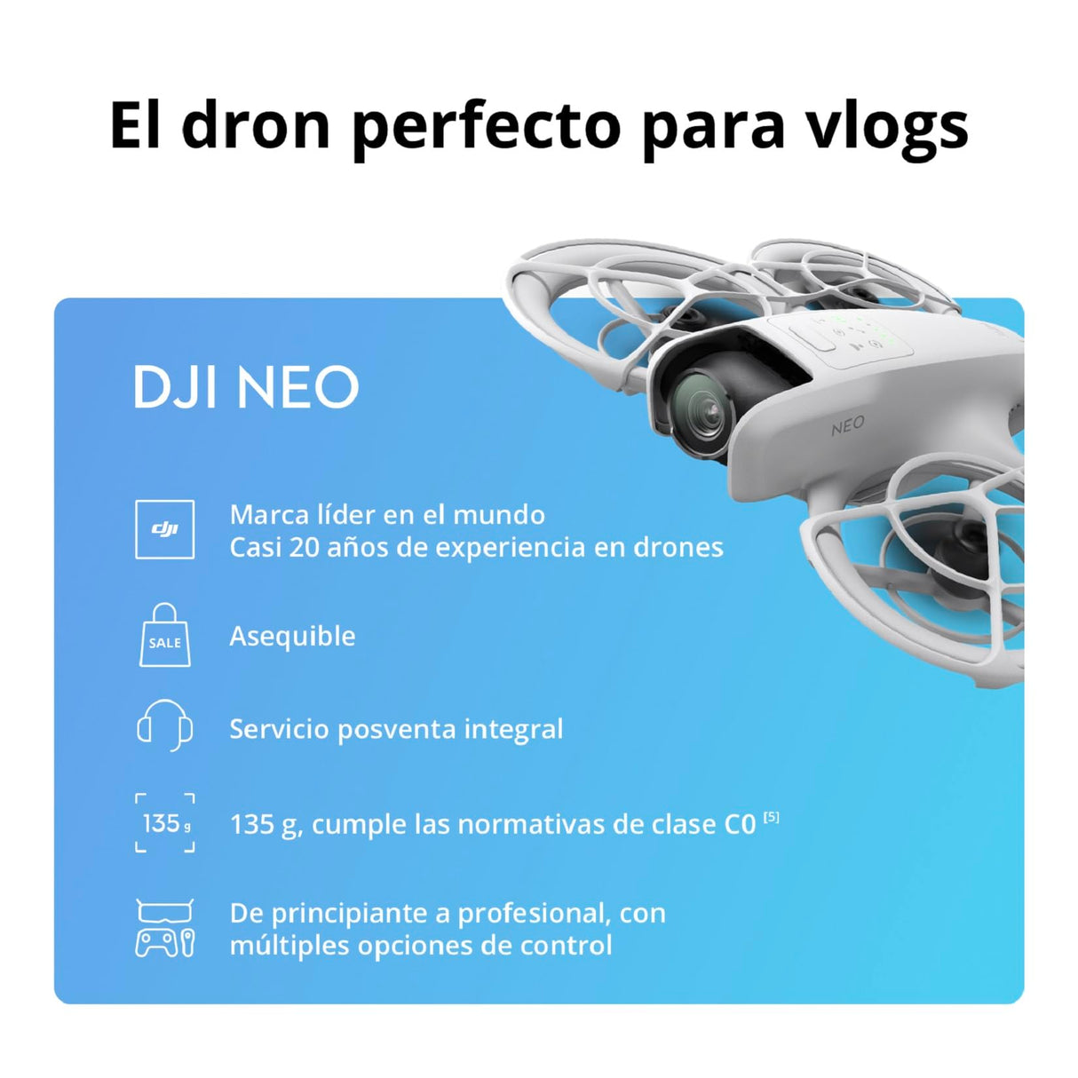 DJI Neo, dron mini con cámara 4K UHD para adultos, 135 g dron que vuela siguiéndote, despega desde la mano, seguimiento de objetivos, QuickShots, vídeo estabilizado (sin control remoto)