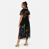 Maya Deluxe Women's Ladies Midi Dress Black Short Puff Sleeves Round Neck Floral Embroidered Open Back Tie A-Line Occasion Evening Vestido, 40 para Mujer