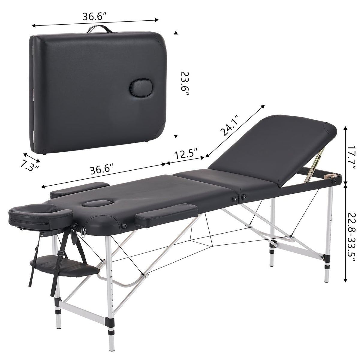 YOUNIKE Camilla de Masaje Móvil Plegable Negro y Ajustable en Altura Cama de Masaje de 3 Zonas Camilla de Estética Amplia Cama de Terapia Aluminio 186 x 60 cm