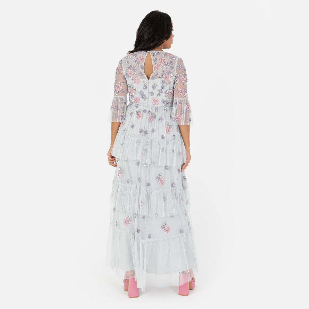 Maya Deluxe Women's Ladies Maxi Dress Round Neck 3/4 Sleeve Floral Sequin Embellished Ruffle A-Line for Wedding Guest Prom Ball Gown Vestido, Glacier Grey, 42 para Mujer