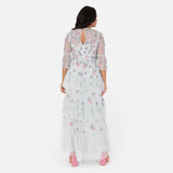 Maya Deluxe Women's Ladies Maxi Dress Round Neck 3/4 Sleeve Floral Sequin Embellished Ruffle A-Line for Wedding Guest Prom Ball Gown Vestido, Glacier Grey, 42 para Mujer
