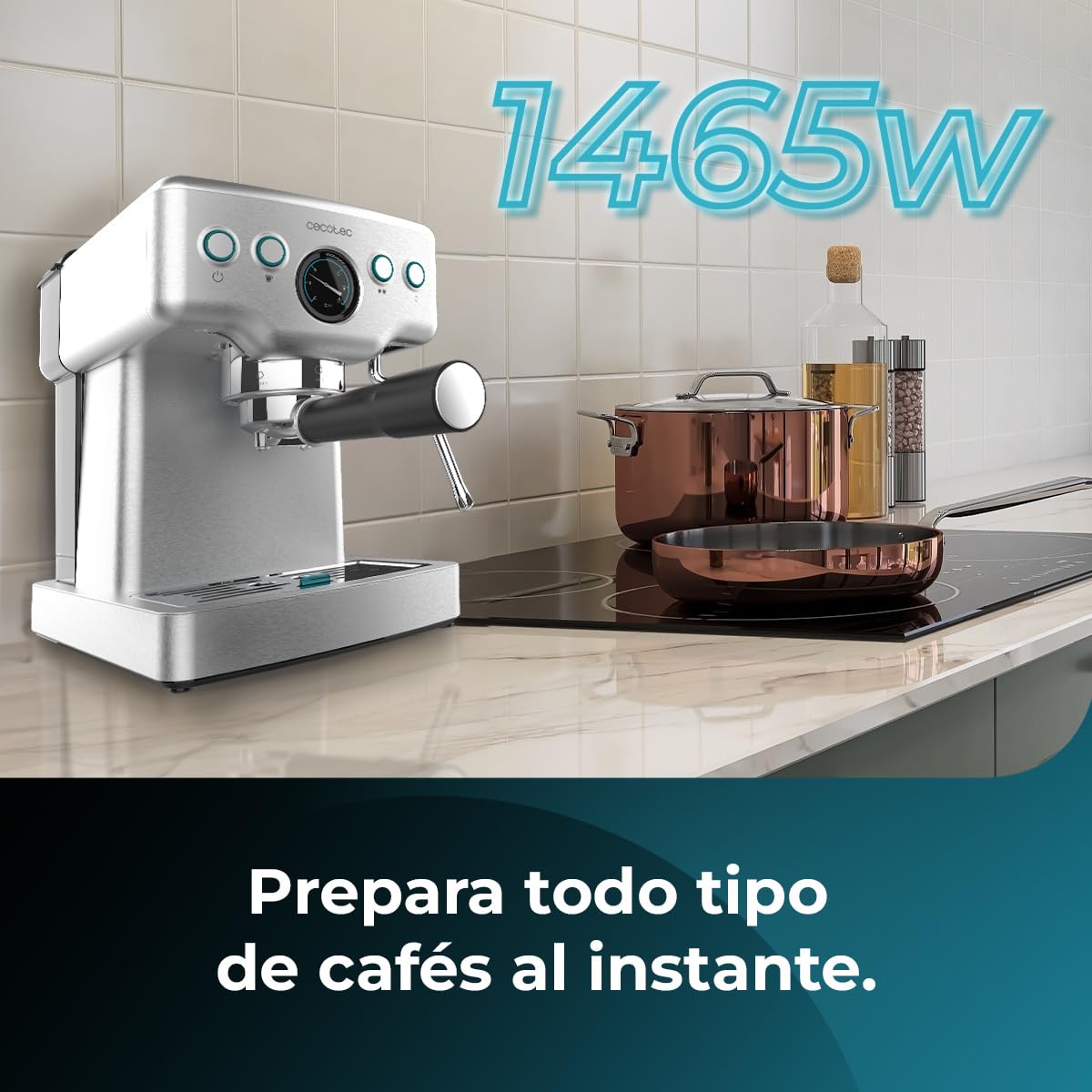 Cecotec Cafetera Express Barista Power Espresso 20 Barista Mini. 1465 W, 20 Bares, Manometro y ThermoblocK, Vaporizador Orientable y Brazo con Doble Salida, 1,8 L de Capacidad