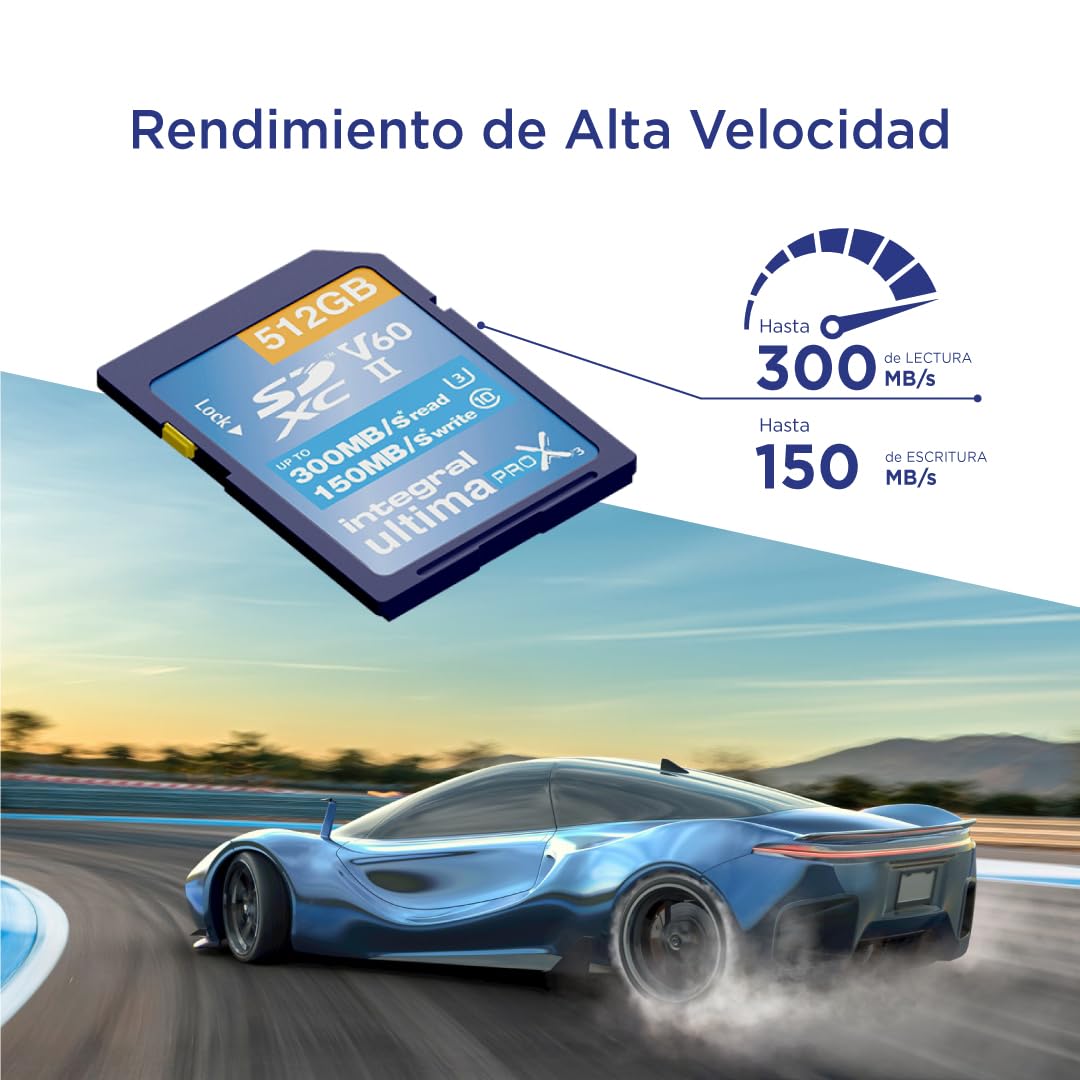 Integral Tarjeta SD de 512GB UHS-II V60 con velocidades de Lectura de hasta 300 MB/s y velocidades de Escritura de 150 MB/s. Tarjeta de Memoria de Alta Velocidad Profesional SDXC