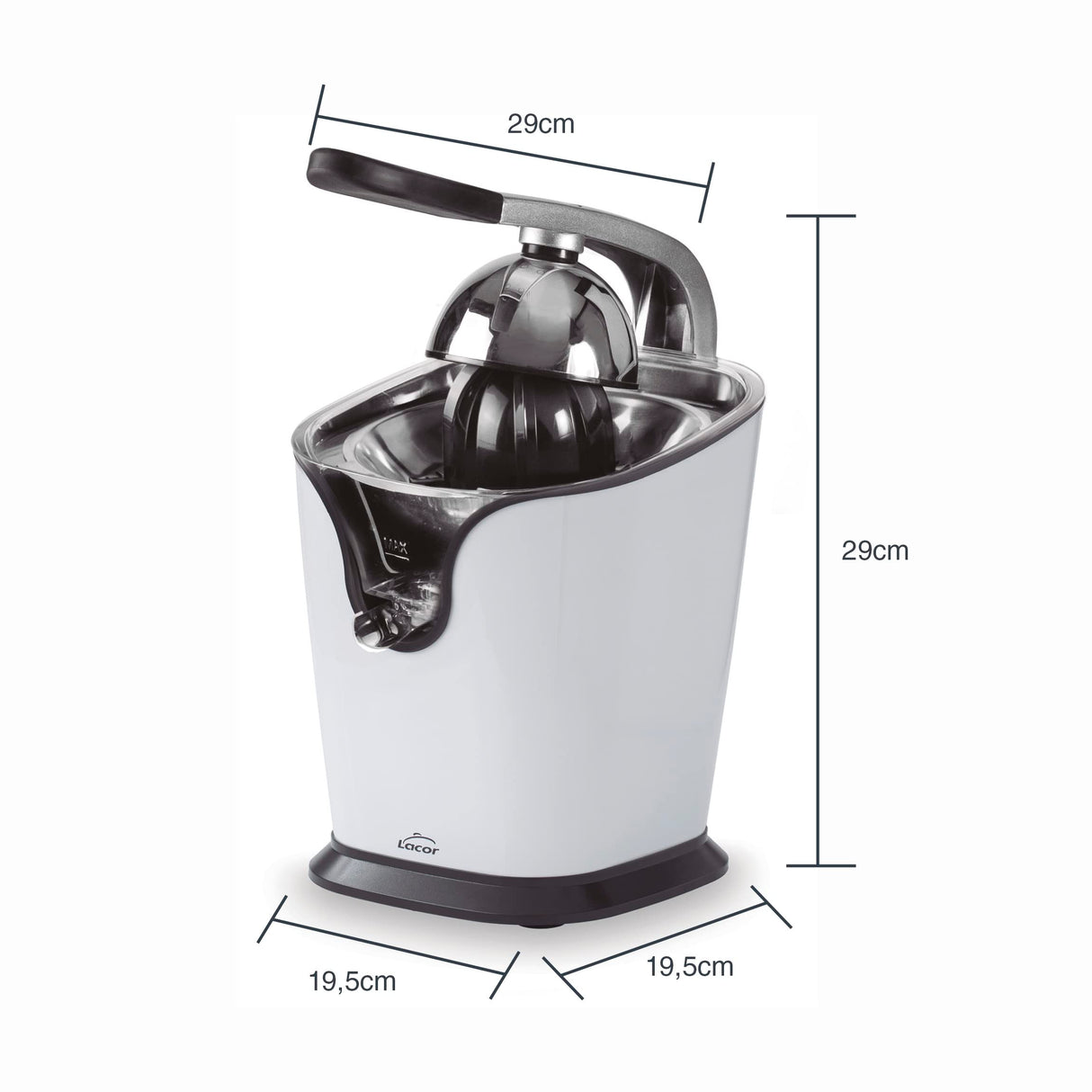 Lacor - 69231 - Exprimidor de Palanca VITALLY WHITE, Exprimidor Manual, Sistema Antigoteo, Acero Inoxidable 18/10, Palanca Ergonómica, 19,5x29x29 cm