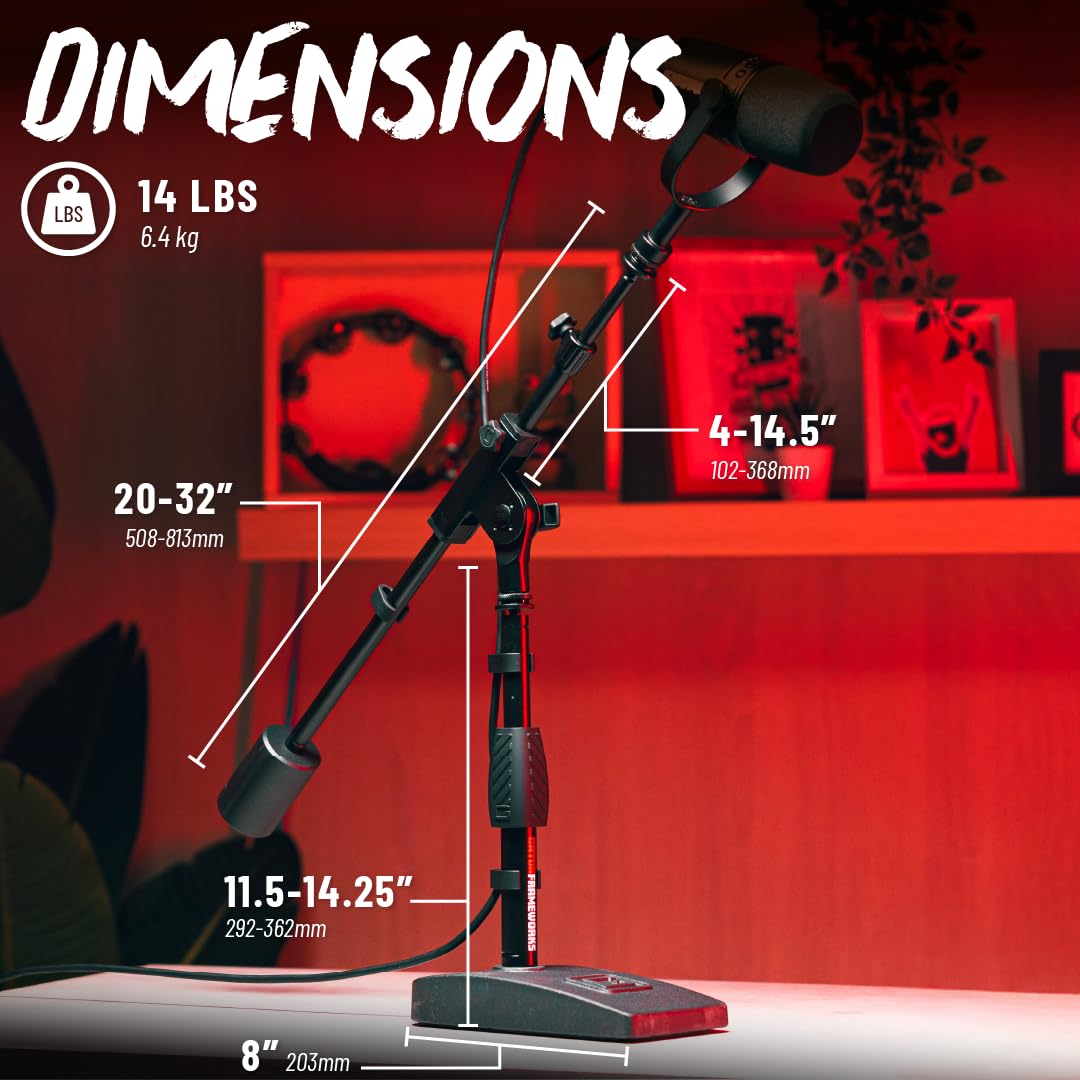 Gator Frameworks - Soporte de micrófono de base corta con peso con brazo telescópico y peso de contador de 2.5 libras; ideal para escritorio, grabación y transmisión (GFW-MIC-0822)