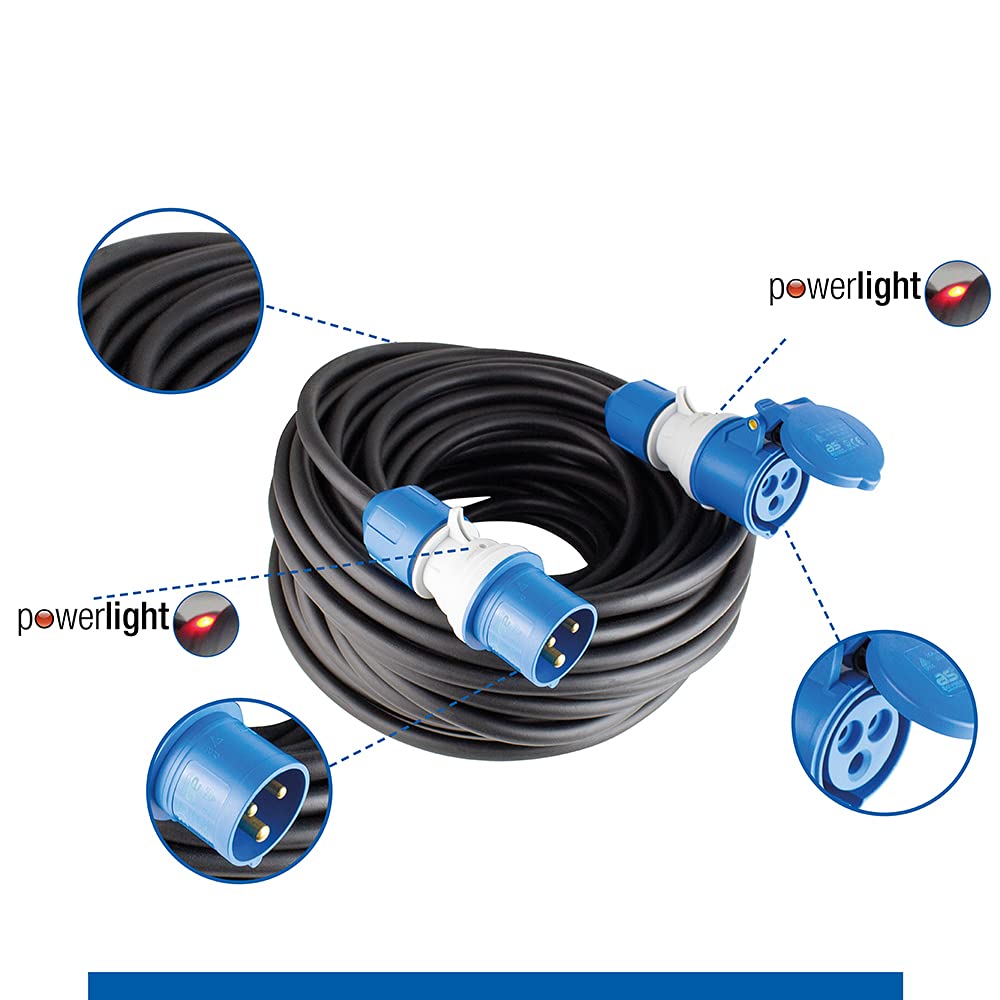 as - Schwabe - Cable de extensión para exteriores 10 m con nuevo indicador de tensión, enchufe y toma de corriente CEE, 3 polos, 230 V /16 A, protección contra agua en exteriores IP44, negro