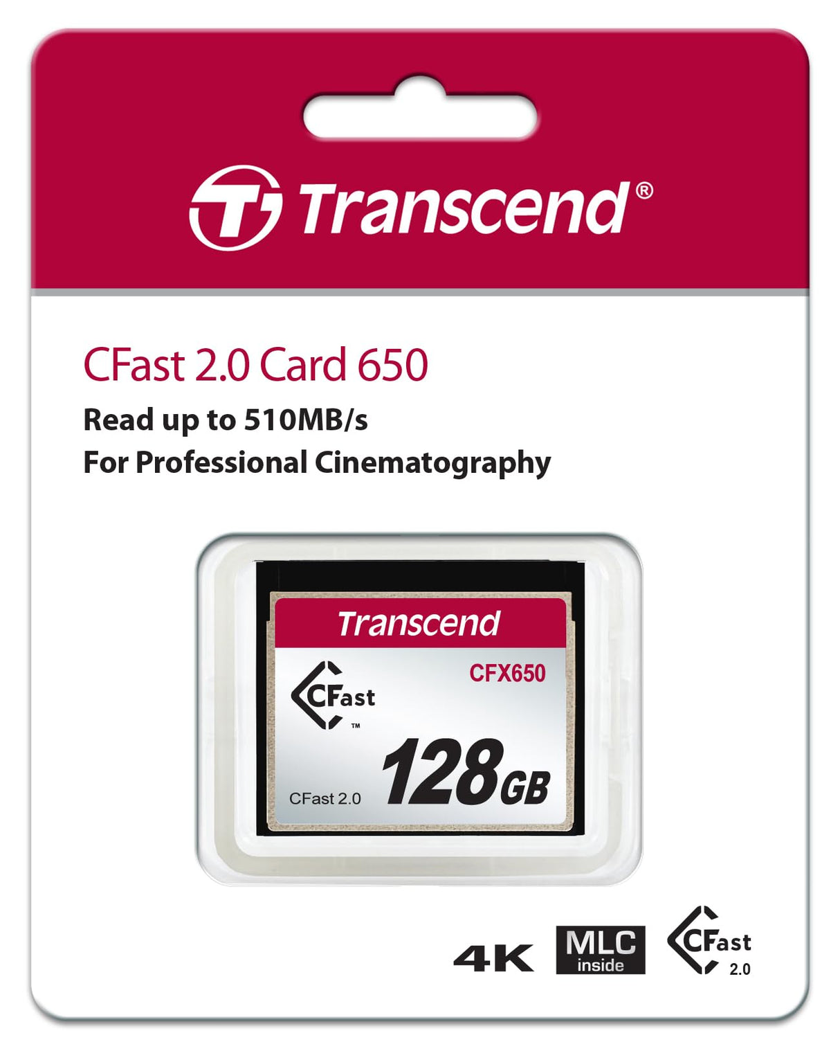 Transcend 128GB CFast 2.0 Memory Card CFX650 SATA III 6Gb/s, hasta 510/370 MB/s, MLC NAND Flash, diseñada para cinematografía en grabación de Video de Alta resolución, Full HD y 4K TS128GCFX650