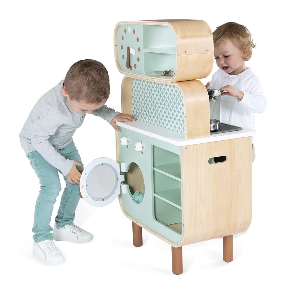 Janod - Cocina de doble cara- Cocina de madera para niños Recto-Verso - Cocina con luz y sonido - Con 7 accesorios - De 3 a 8 años, J06594