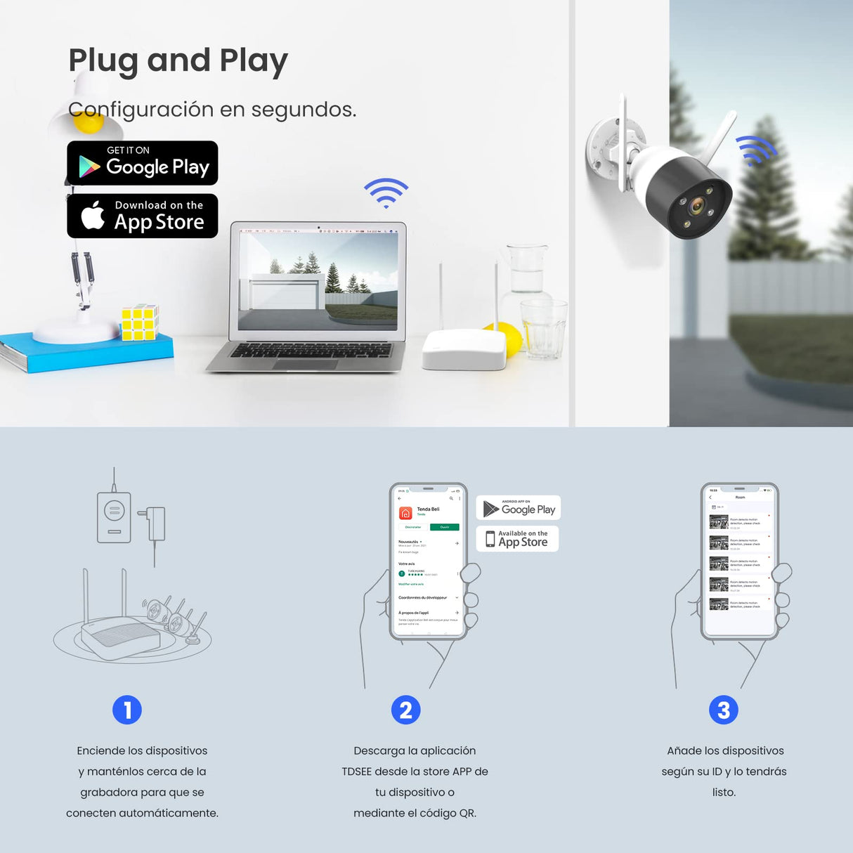 Tenda 2K Kit de Camara Vigilancia WiFi Exterior/Interior sin Cables - 8X 3MP Cámara Seguridad IP de Visión Nocturna en Color con Grabador 8CH 1TB HDD NVR CCTV, Audio Bidireccional, K8W-3TC-1T