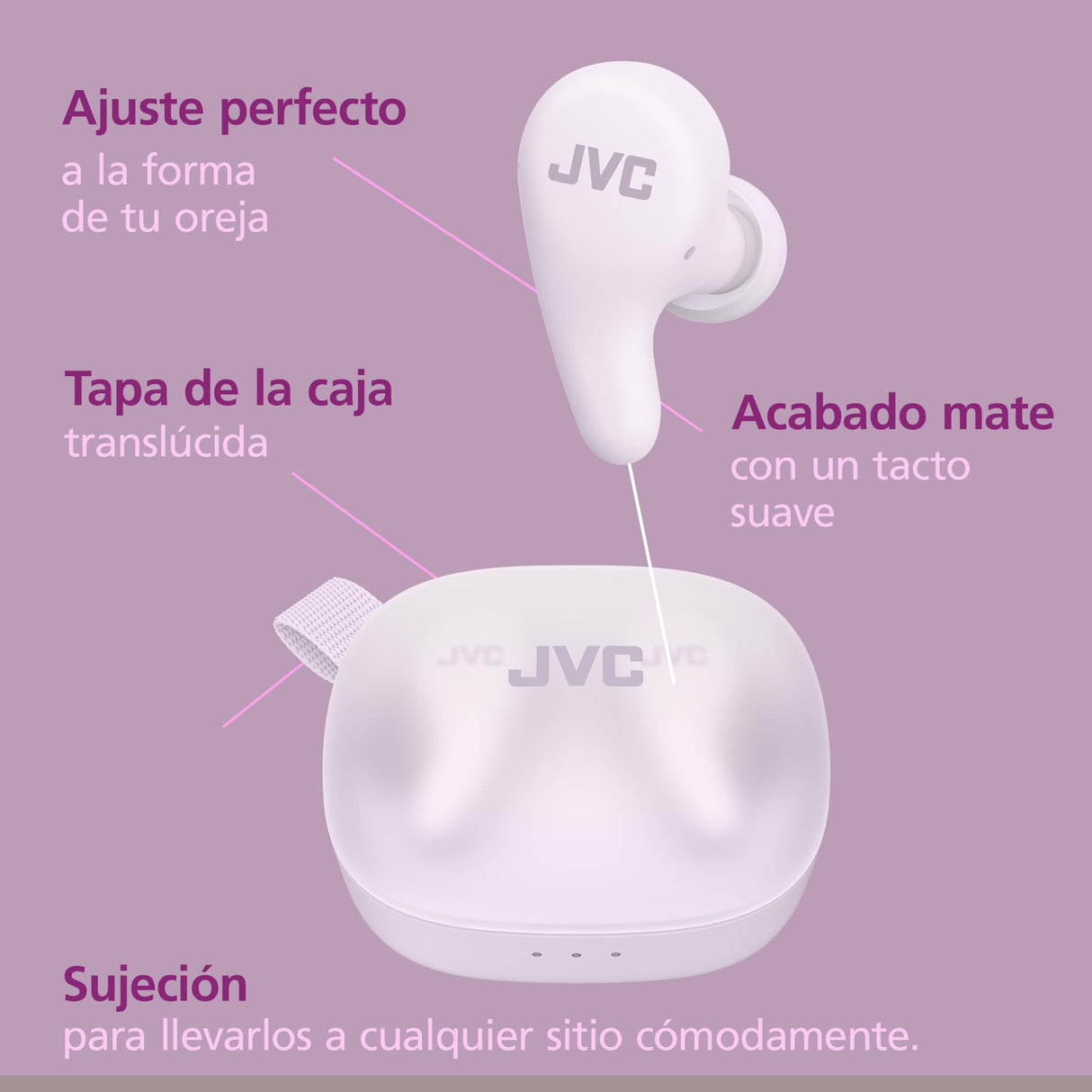 JVC Gumy Premium Auriculares Bluetooth True Wireless con Cancelación de Ruido, Bluetooth 5.4, Modo Ambiente, Baja Latencia, 26h batería, Estuche Translúcido USB-C, Violeta Grape Yogurt - HA-A23T-V