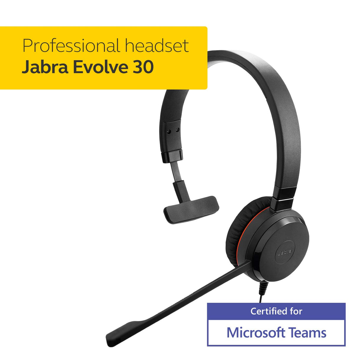 Jabra Evolve 30 MS - Auricular Monoaural Certificado por Microsoft para VoIP Softphone - Cancelación Pasiva de Ruido - Cable USB con Unidad de Control - Negro