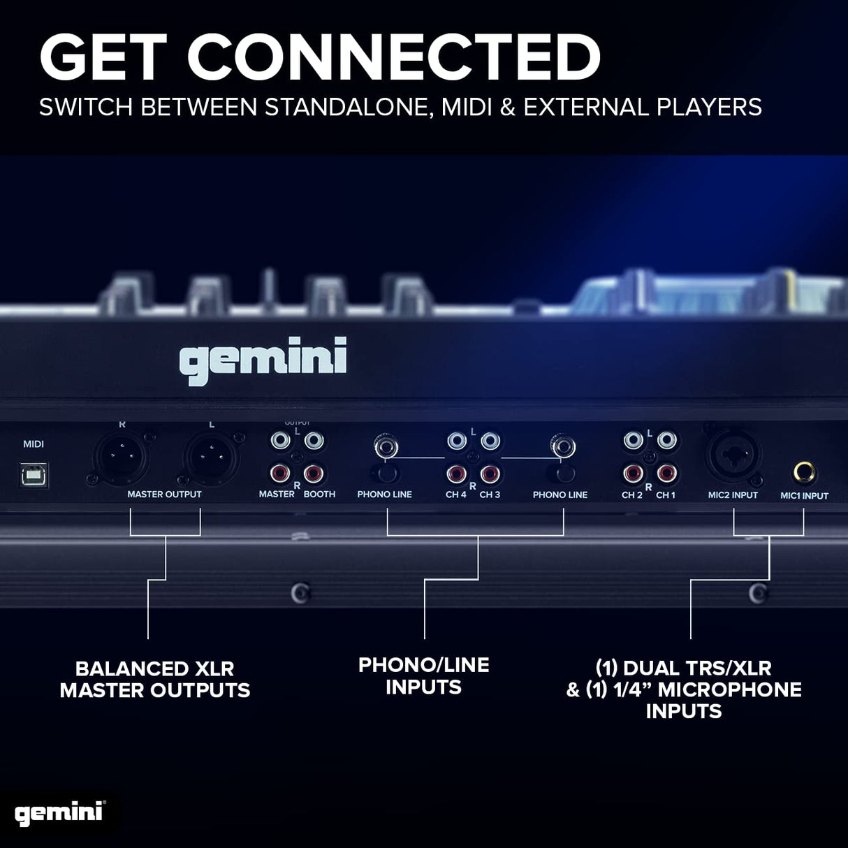 Gemini Sound SDJ-4000 DJ Equipment Console Table con 2 cubiertas, mezclador de audio de 4 canales, ruedas táctiles compatibles y pantalla HD de 7 pulgadas