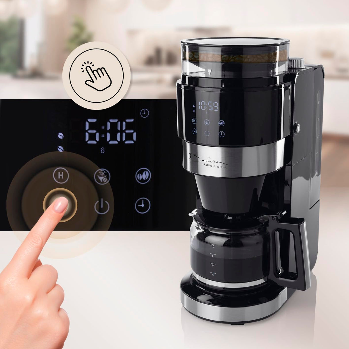 Barista Cafetera con molinillo | Cafetera de filtro con jarra de cristal | Máquina de filtro de 900 W con pantalla táctil y función de temporizador para hasta 10 tazas | Cafetera de 1,25 litros | Para