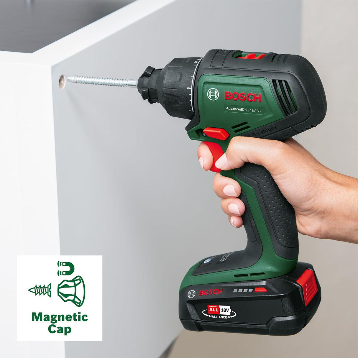 Bosch Taladro/atornillador con batería AdvancedDrill 18V-80 (taladrar/atornillar; sist. 18V; 78 Nm; portabrocas 13 mm; caperuza magn.; empuñadura adic.; con batería y cargador)