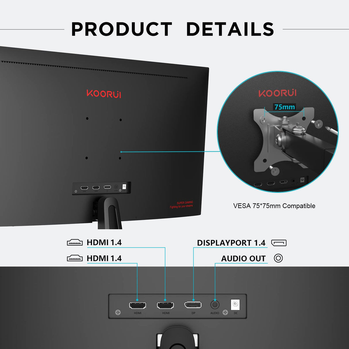 KOORUI 24" FullHD Monitor Gaming 165Hz (1ms MPRT, 1920x1080, 3000:1, 85% DCI-P3, AdaptiveSync, Flicker-Free, Low Blue Light, Eye Care, Inclinación VESA 75x75mm)