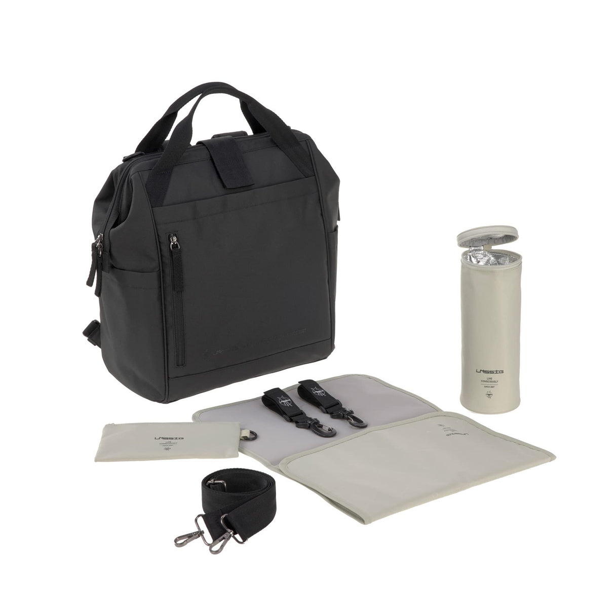 LÄSSIG Mochila cambiadora para bebés Bolsa cambiadora incl. accesorios cambiadores Mochila con cambiador producida de forma sostenible/Goldie Up Backpack black