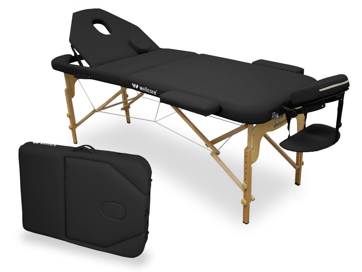 QUIRUMED Camilla de Masaje Plegable de Madera WELLCORE, con Respaldo abatible, Plus, 185 x 65 cm, Polipiel, Altura Regulable, Cabezal extraíble, Agujero Facial, Color Negro, hasta 225 kg