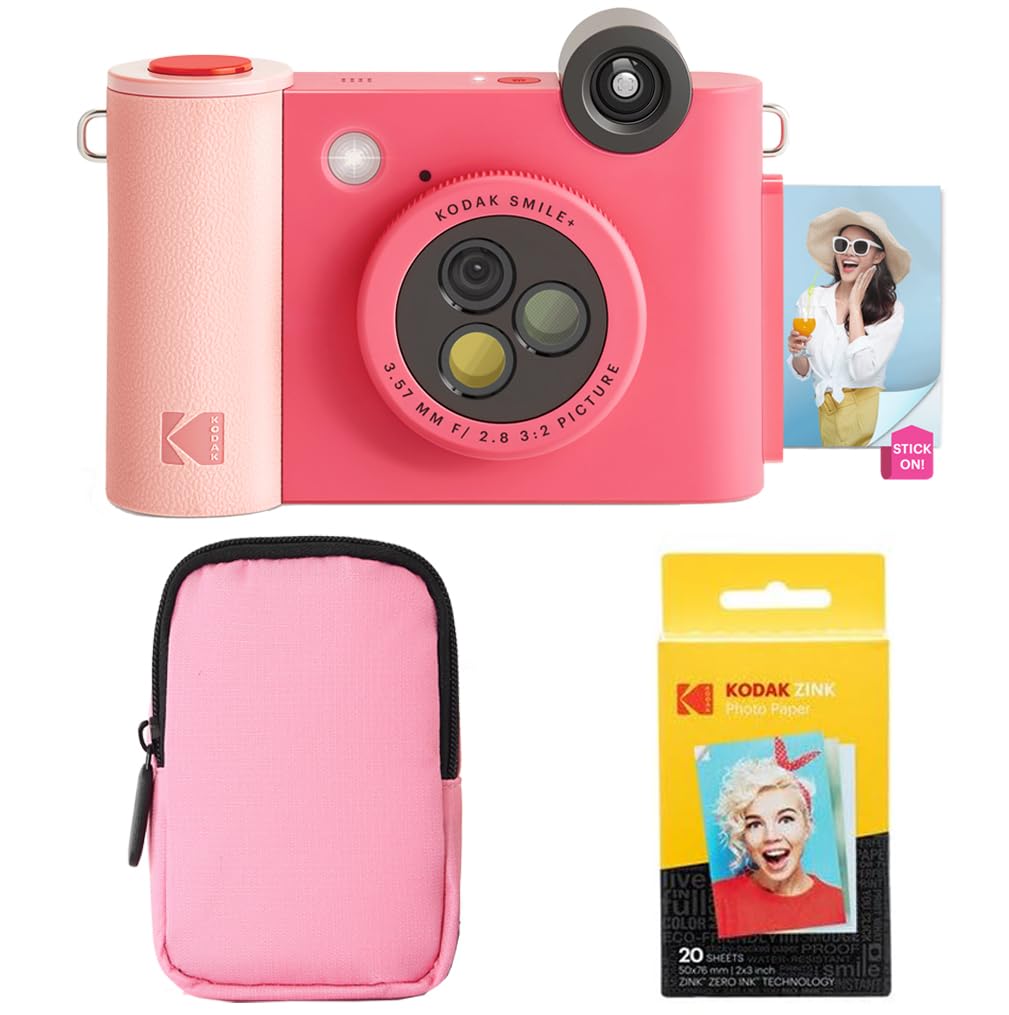 KODAK Smile+ - Paquete de iniciación de cámara instantánea Digital e Impresora fotográfica 2 en 1, Funda Suave + Papel Zink, 10 MP, Lente giratoria, Fucsia