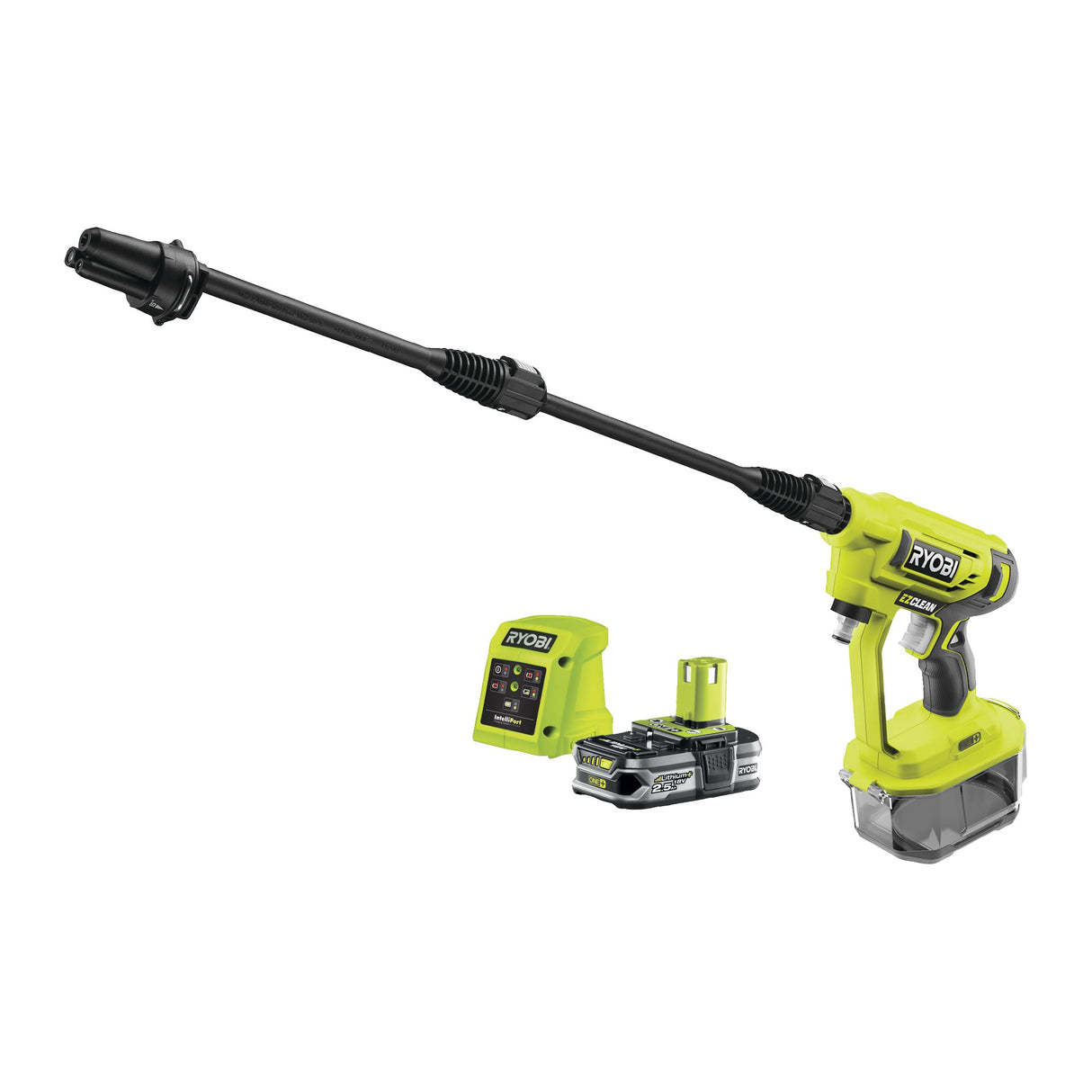 Ryobi - Pistola Alta Presión Inalámbrica 18V ONE+, 22bar, 182L, Boquilla 3en1, Limpiador Toda Superficie, Manguera 6m con Colador y Filtro, 1 Batería 2,5Ah y 1 Cargador 1,5A, RY18PW22A-125