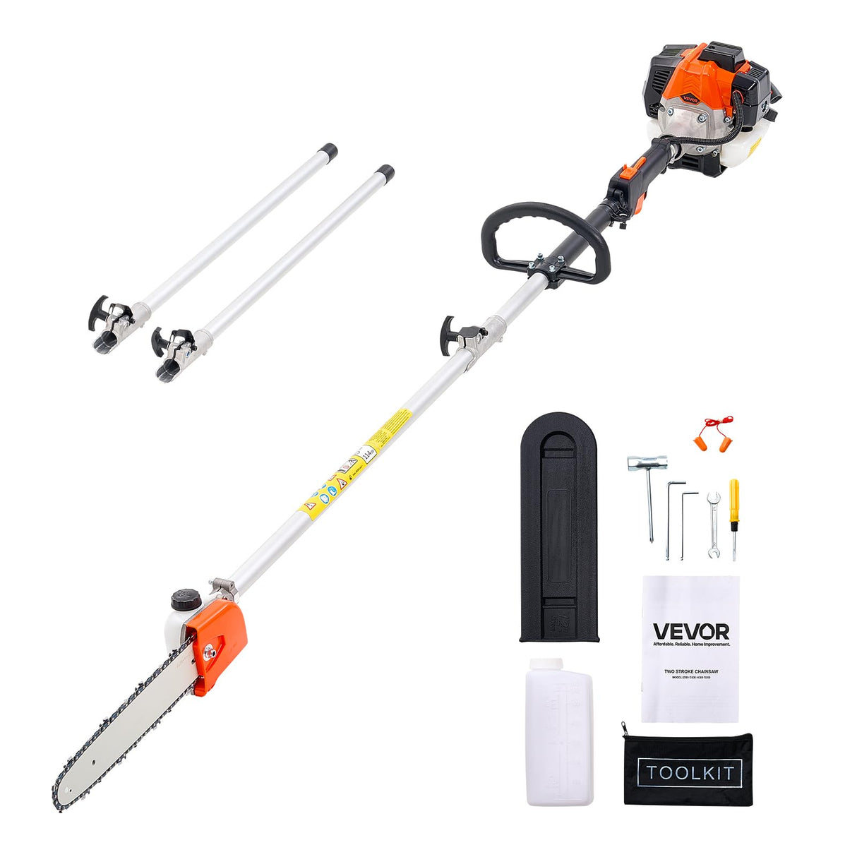VEVOR Motosierra de Pértiga a Gasolina, Motosierra Inalámbrica de 25 cc y 2 Tiempos con Barra de Corte de 30,5 cm, Tanque de Combustible de 650 ml y Extensible de 2,12-3,62 m para Podar Árboles