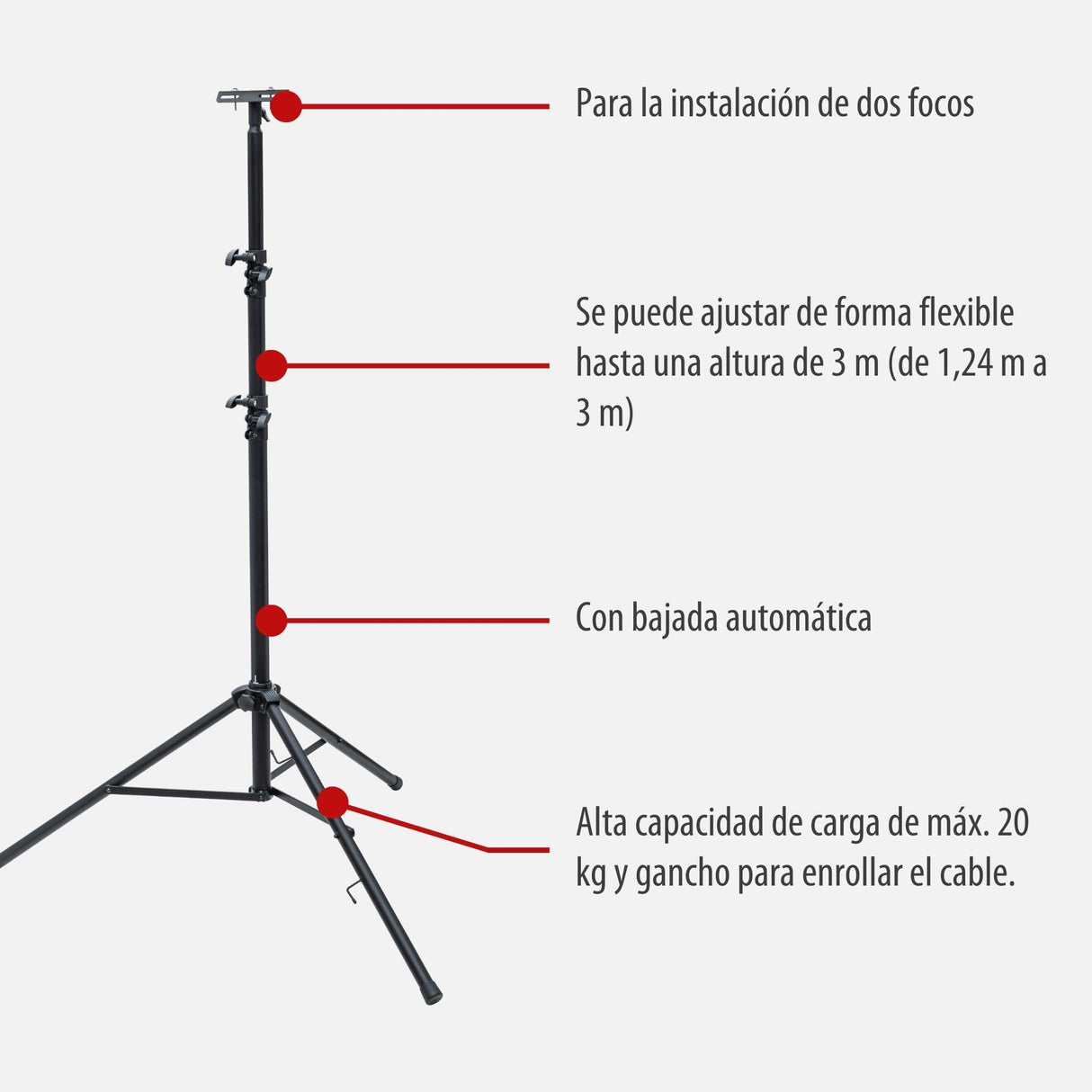 Brennenstuhl Trípode telescópico de construcción ST 302 para focos de Trabajo con Mecanismo de Descenso automático (Altura Regulable de 1,24m a 3m, máx. 20kg, con travesaño, 3 Tubos de Soporte)