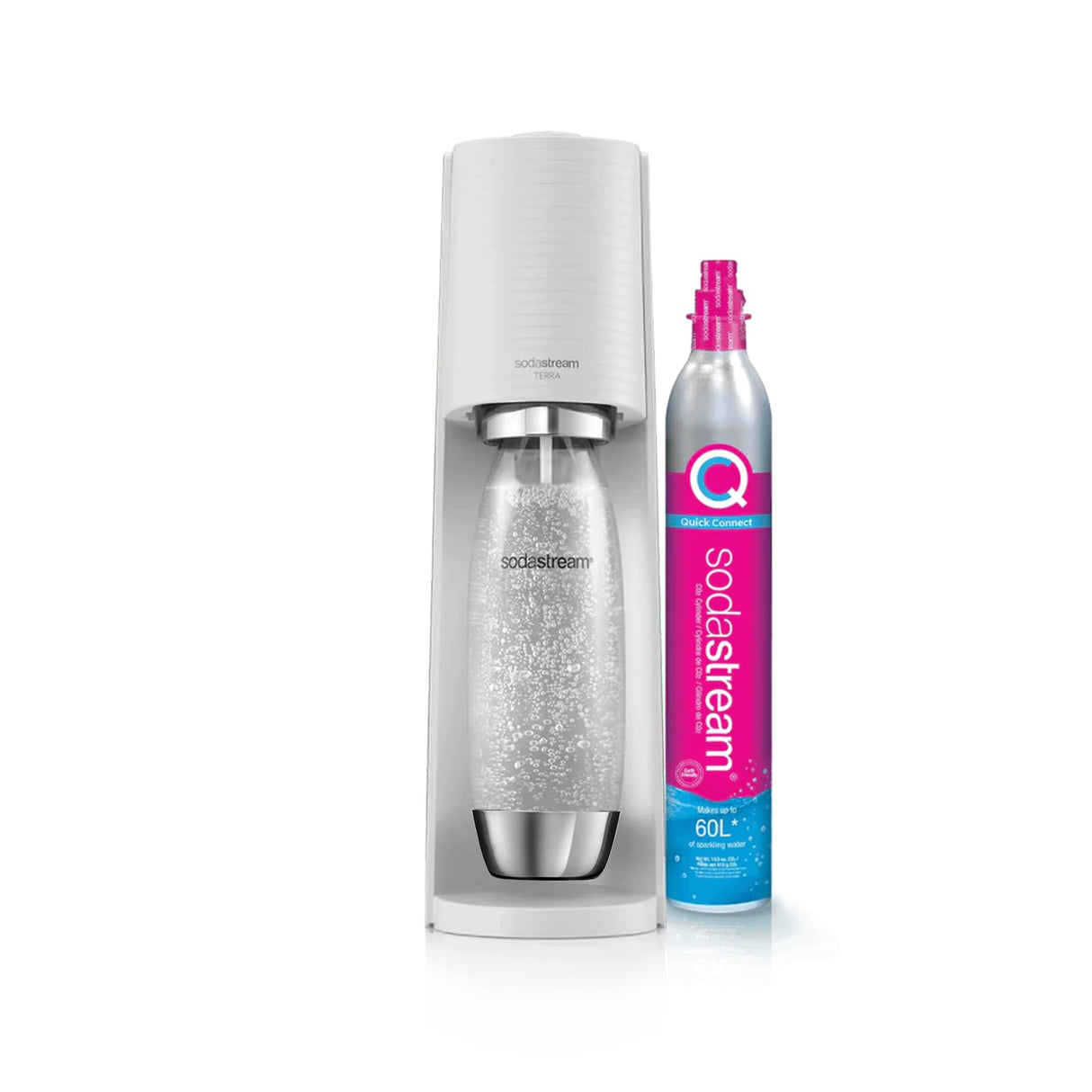 Sodastream Terra - Máquina de agua con gas y soda | Pack 1 botella de 1 l, acabado de acero inoxidable, compatible con lavavajillas + 1 recarga de gas de 60 l para clips, color blanco