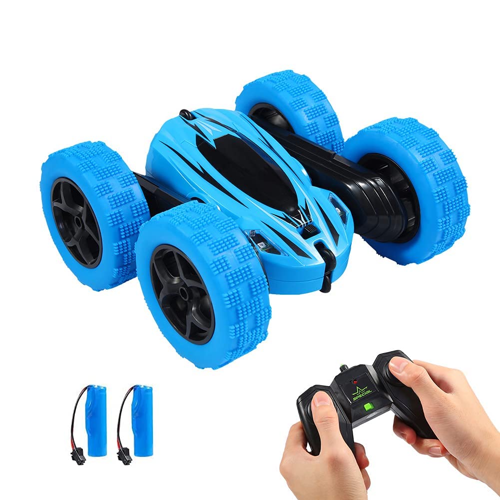 FunsLane RC Stunt Car con Control Remoto, 2.4 GHz RC Racing Trucks Off Road, 4WD Doble Cara 360 ° Giros y Volteretas RC Crawler Juguetes al Aire Libre para niños, Azul
