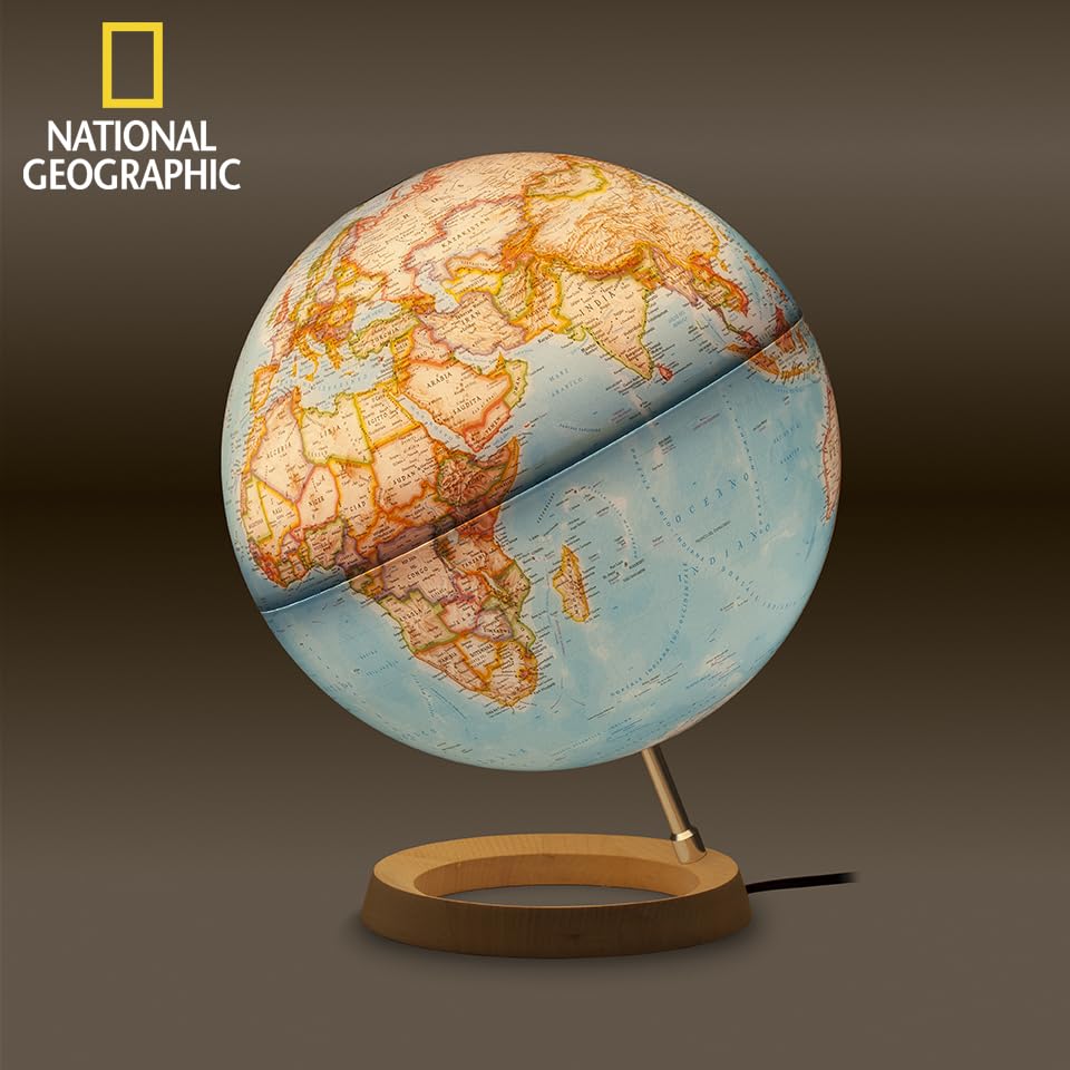 National Geographic - Globo terráqueo Neon Classic. Esfera azul, arce y aluminio, 30 cm, iluminada