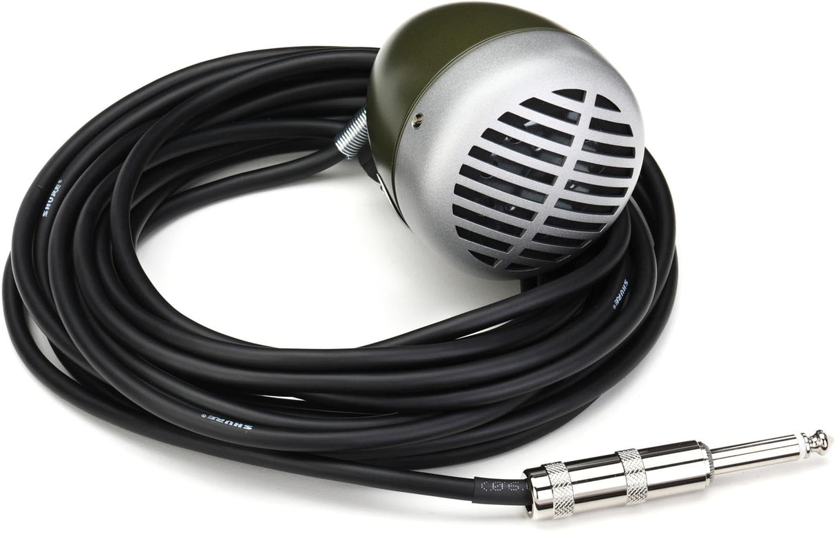 Shure 520DX Bullet Green Bullet Micrófono dinámico para jugadores de armónica de blues, patrón de recogida omnidireccional, perilla de control de volumen, cable unido con enchufe de 1/4 de pulgada