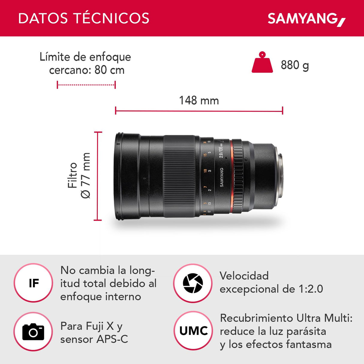 Samyang F1112210101 - Objetivo fotográfico DSLR para Fuji X (Distancia Focal Fija 135mm, Apertura f/2-22 ED UMC, diámetro Filtro: 77mm), Negro