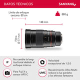 Samyang F1112210101 - Objetivo fotográfico DSLR para Fuji X (Distancia Focal Fija 135mm, Apertura f/2-22 ED UMC, diámetro Filtro: 77mm), Negro