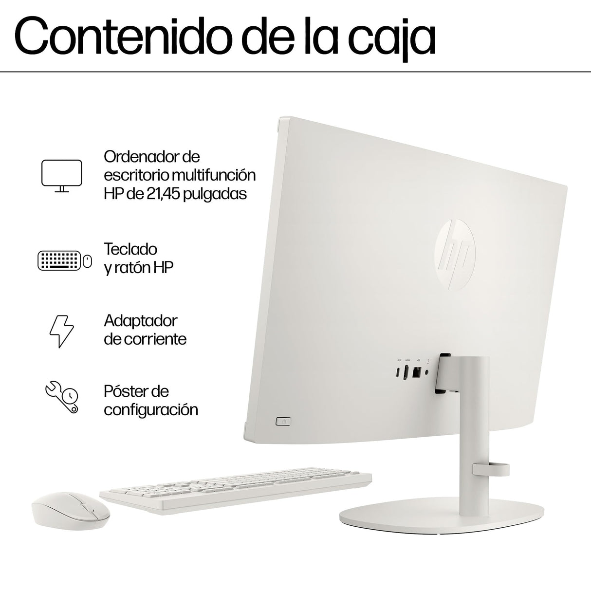 HP All-in-One 22-dg0038ns - Ordenador de 21.5" (Intel N100, 8GB RAM, 256GB SSD, Intel UHD Graphics, FreeDos) - White - Teclado QWERTY Español
